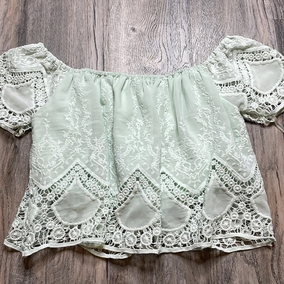 Lucy Paris Pale Green Mint Green Off the Shoulder Lace Crop Too, size small - Picture 8 of 9